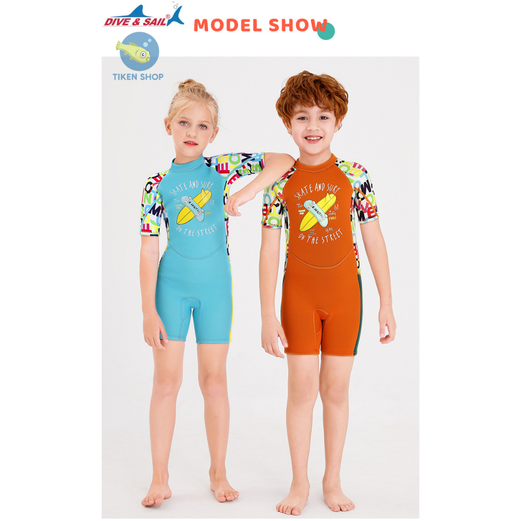 Đồ bơi giữ nhiệt ngắn tay cho bé trai/bé gái in hình ván trượt năng động hiệu Dive & Sail