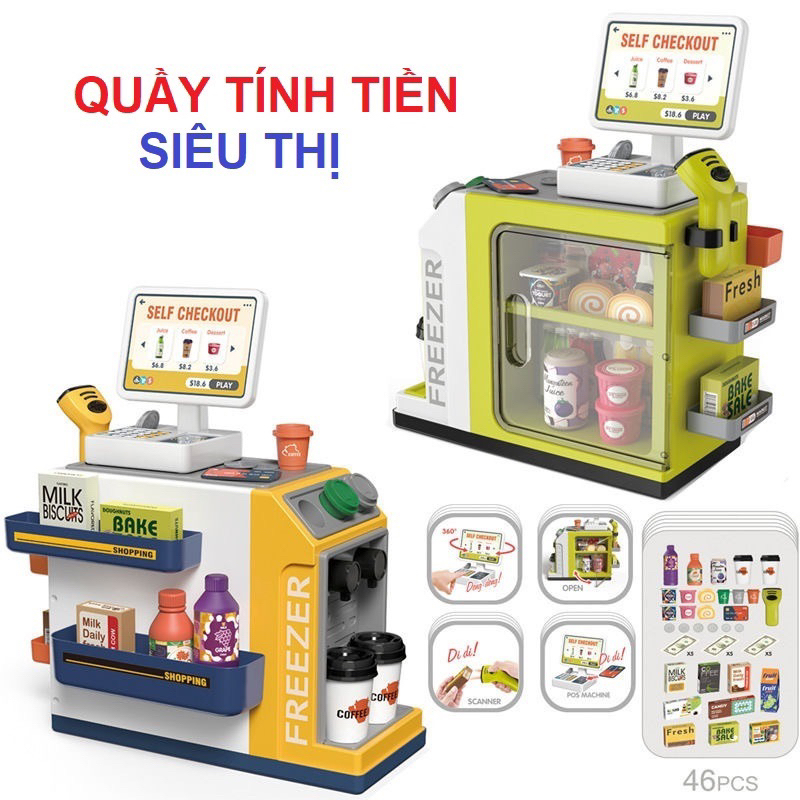 Đồ chơi siêu thị quầy tính tiền kèm máy bán cà phê có quẹt thẻ cho bé nhập vai bán hàng
