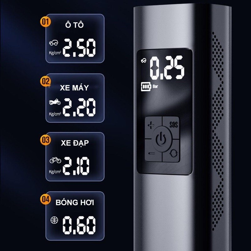 Bơm Lốp Ô Tô Mini Cầm Tay 6000mAh, Bơm Hơi Ô Tô Tự Động Không Dây Sạc Pin Có Đèn Led Chiếu Sáng