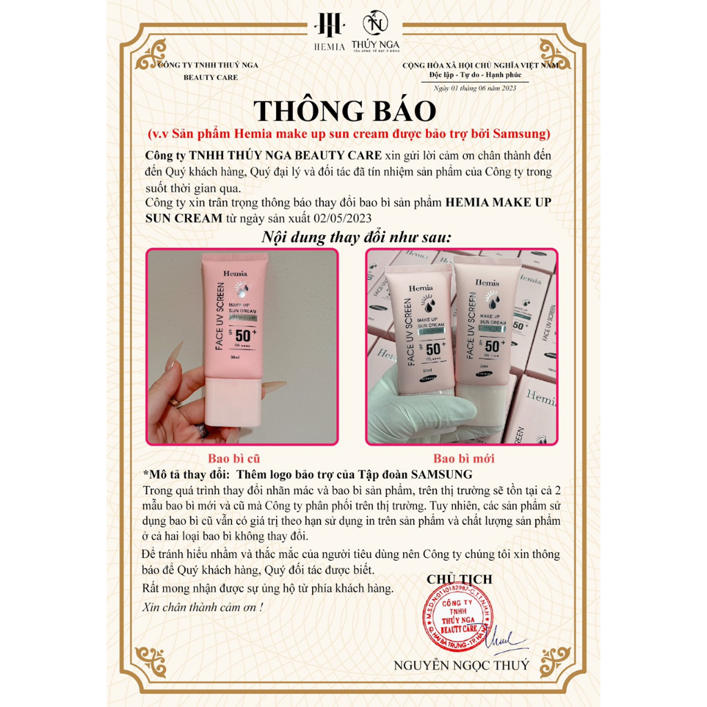 [Chính Hãng] kem chống nắng HEMIA 50ml dưỡng trắng nâng tone SPF50+ tự nhiên, Thấm mướt nhanh, mịn màng Hàn Quốc