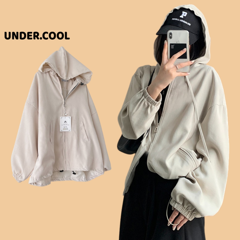 Áo Khoác Nữ Basic Hoodie Có Mũ Cực Tay Bồng Chun Khoá Kéo 2 lớp UNDERCOOL chất Nhung Lì mềm Dáng OverSize phom rộng