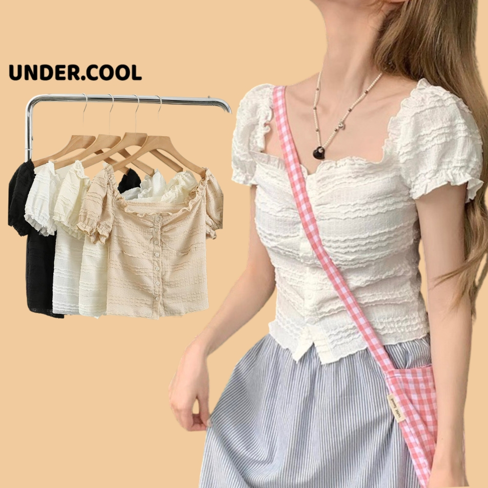 Áo Croptop Nữ Cổ Vuông Tay Ngắn Bồng Ren Viền Bèo Trễ Vai UNDERCOOL dáng ôm Quyến Rũ Babydoll Hà Quốc