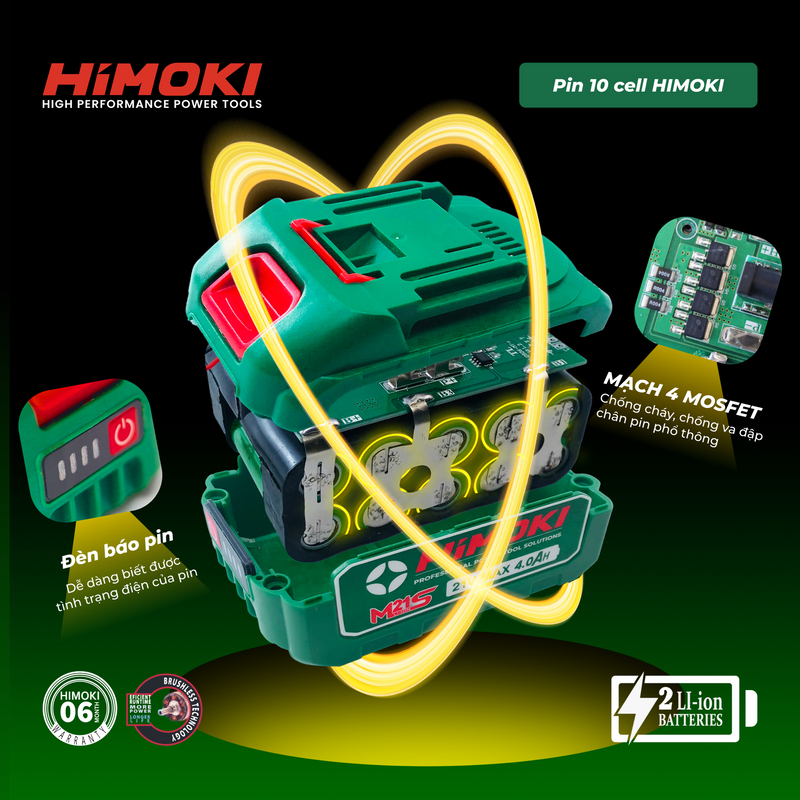 Pin Himoki 10 Cell 4Ah Lithium Ion - Mạch 4 mosfet  -  Pin 10 cell - Chân pin makita thông dụng - Có đèn báo dung lượng
