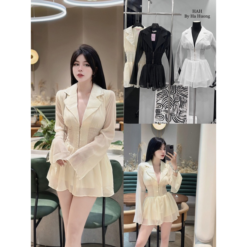 Váy tơ chun eo cổ vest kèm ảnh thật phía sau