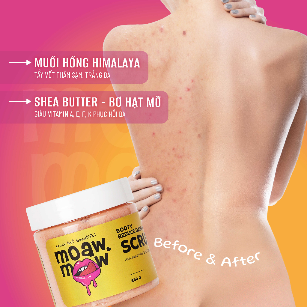 Scrub tẩy tế bào chết, giảm thâm body mông đầu gối MOAW MOAW khoáng chất muối hồng giúp mông sáng da mịn màng 250g
