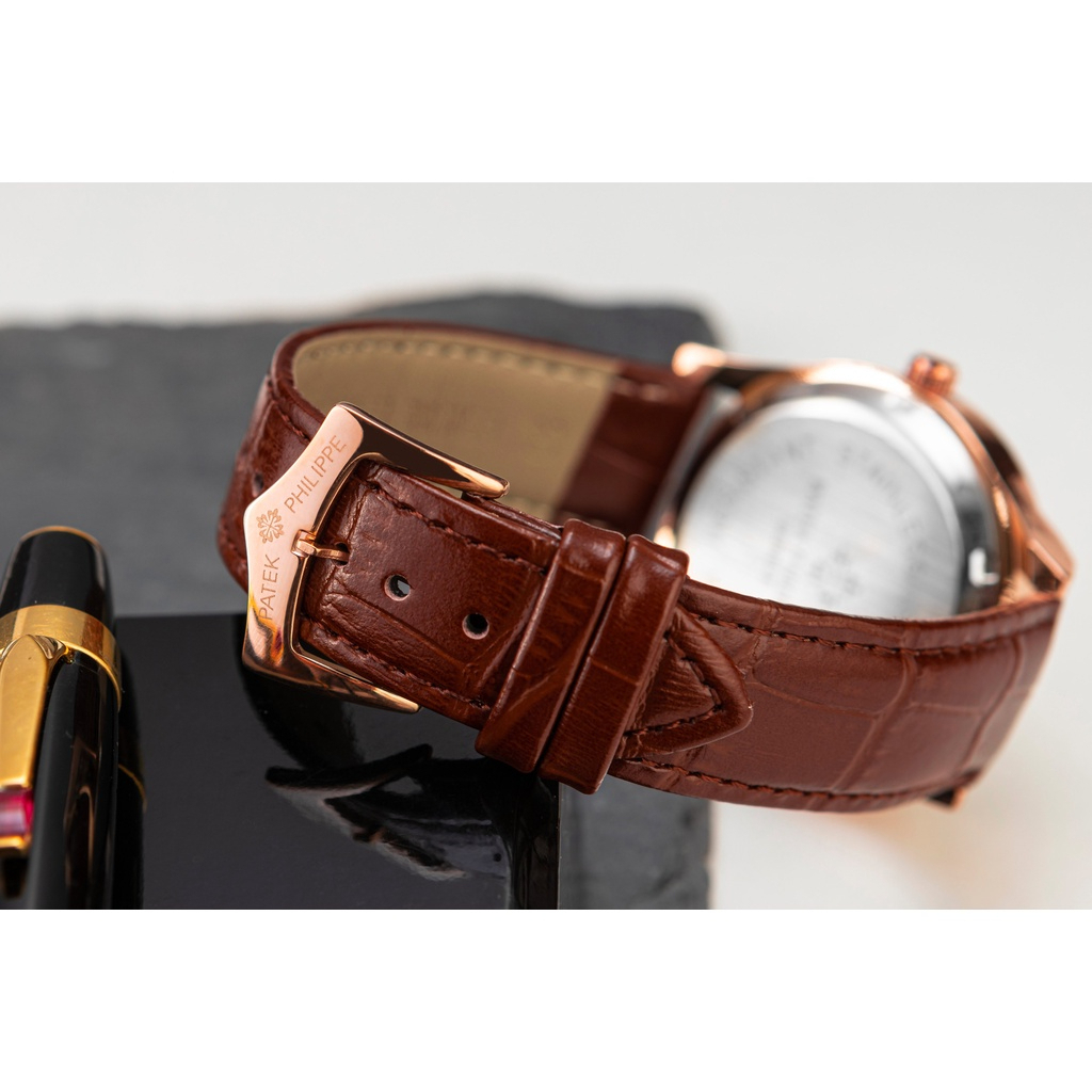 Đồng Hồ Nam Patek Philippe JAPAN WATCH Mặt Kính Đá Khoáng Chống Trầy Xước Dây Da Cao Cấp Size 42mm