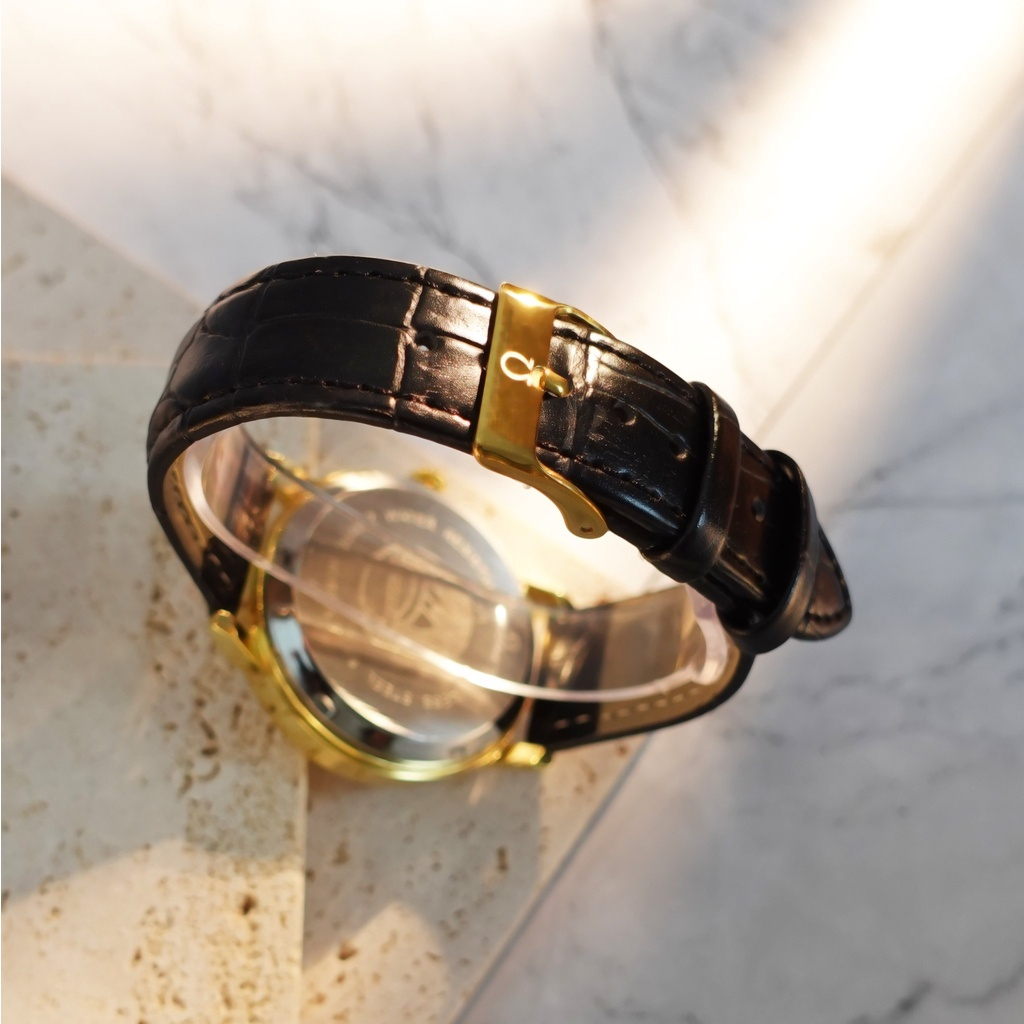 Đồng Hồ Nam Omga JAPAN WATCH Mặt Kính Đá Khoáng Chống Trầy Xước Kim Trôi 6015 Màu Đen