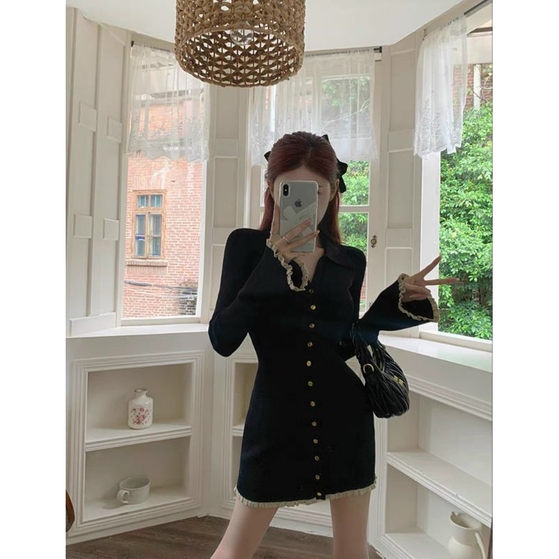 ĐẦM GÂN BODY ĐEN CỔ SƠ MI TAY DÀI PHỐI BÈO REN KEM