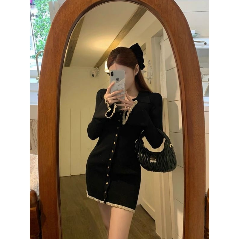 ĐẦM GÂN BODY ĐEN CỔ SƠ MI TAY DÀI PHỐI BÈO REN KEM