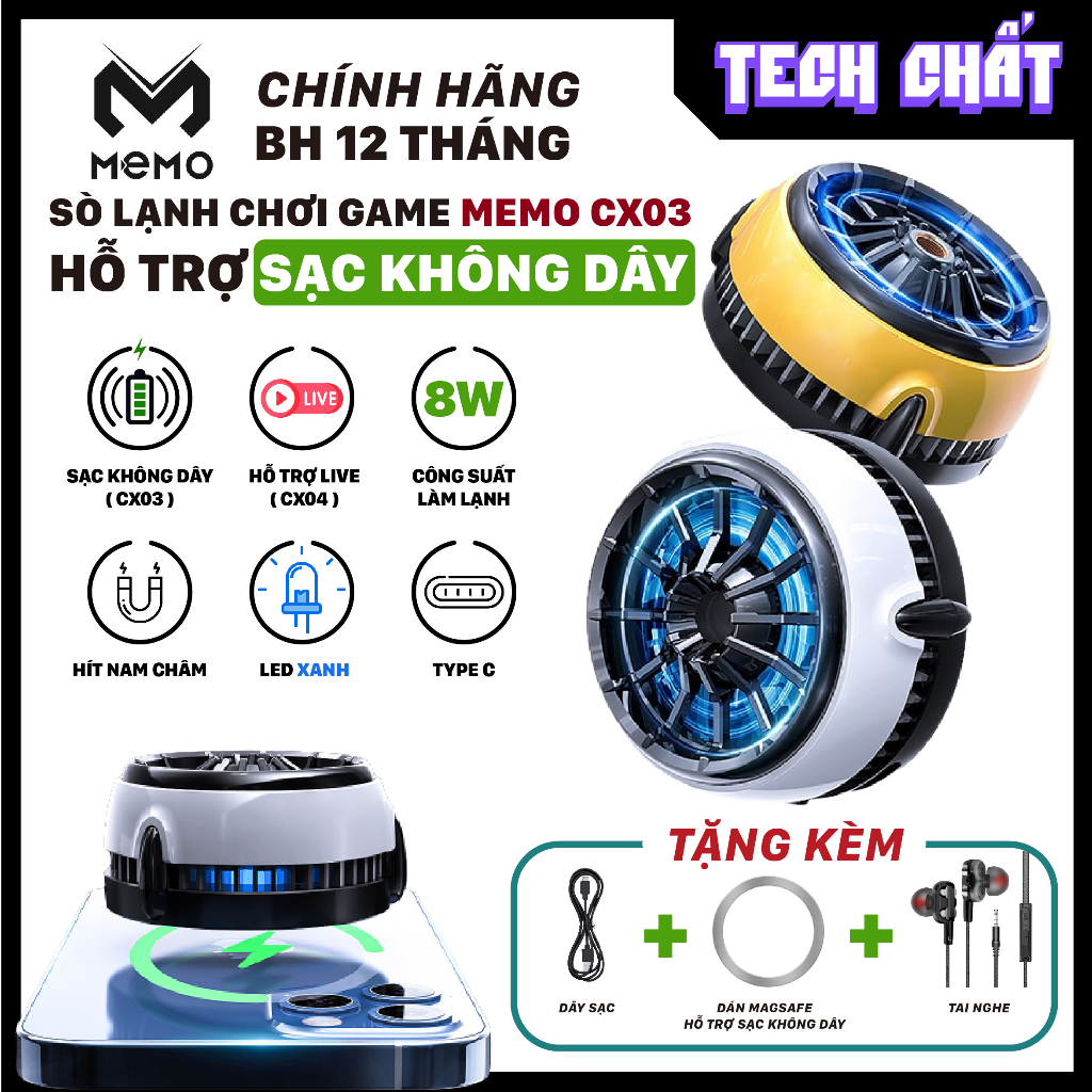 Sò lạnh tản nhiệt có sạc không dây cùng lúc cho điện thoại chính hãng Memo CX03 CX04 cực mát cho game thủ tech chất