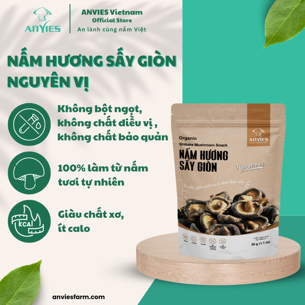 Nấm hương sấy giòn ăn liền Anvies nguyên vị 30g- đồ ăn nhẹ Healthy- ít calo,giàu đạm thực vật - Tốt cho em bé& mẹ bầu