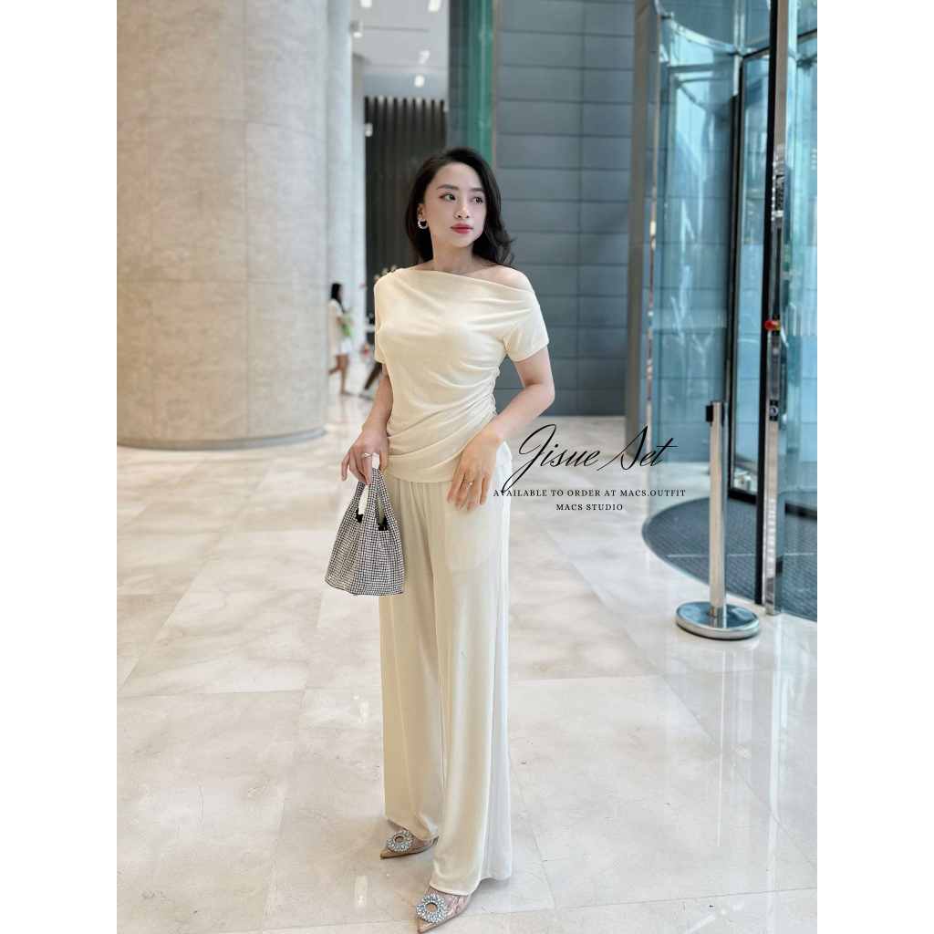 Set bộ áo lệch vai phối cúc, xếp eo + quần ống suông chất liệu cao cấp nhẹ mát MACS _ JISUE SET
