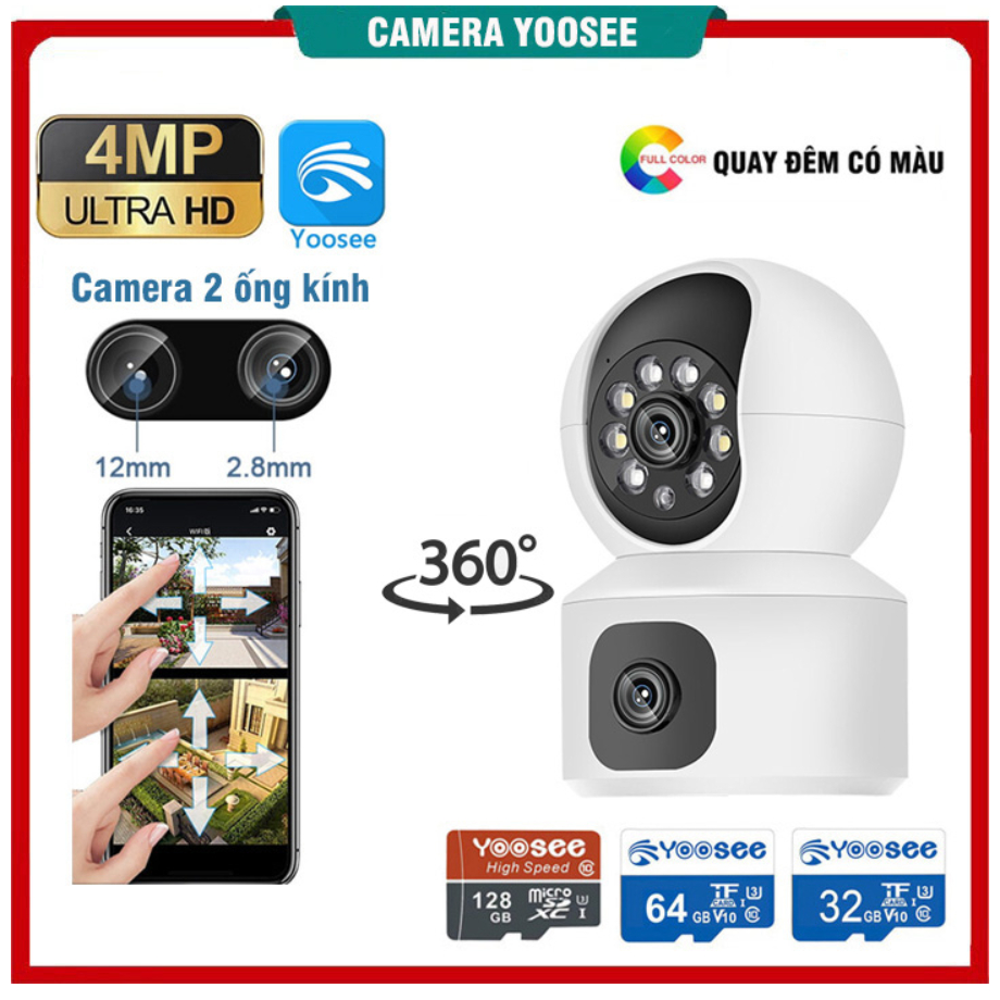 Camera WIFI Yoosee 2 ống kính 8.0MP | 5.0MP  Siêu nét siêu rộng, Quay đêm có màu