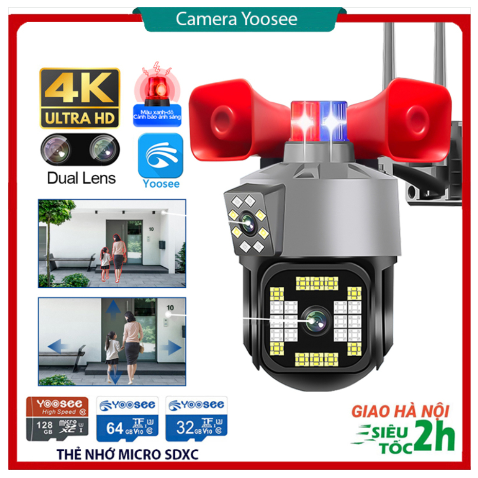 Camera WIFI Yoosee 2 ống kính 8.0MP | 5.0MP (4K) Siêu nét siêu rộng, Quay đêm có màu