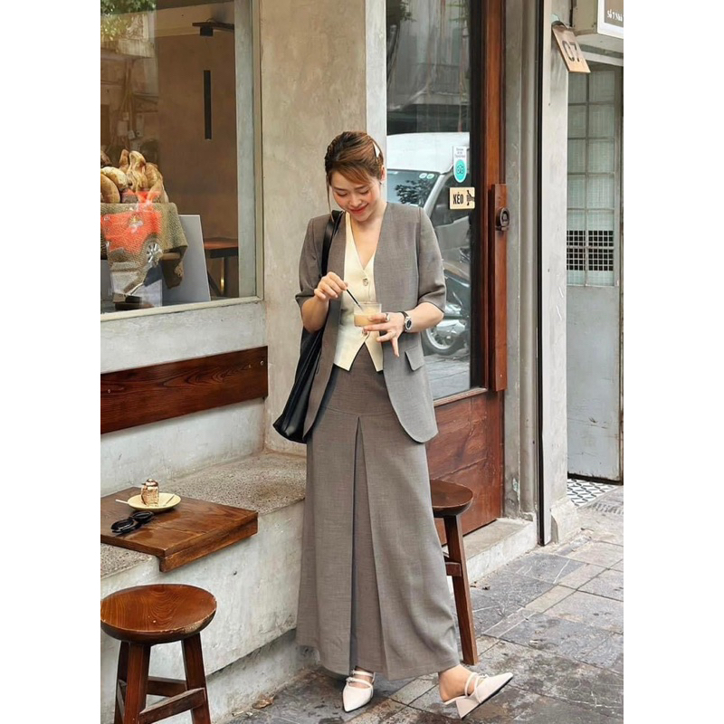 Set áo vest blazer xám kèm chân váy