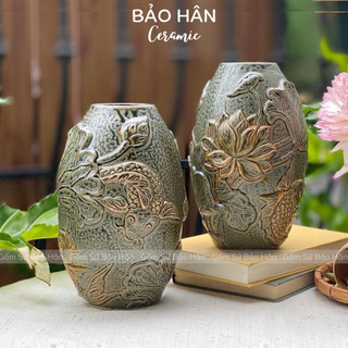 Bình hoa qủa trứng khắc nổi hoa sen gốm sứ bát tràng, lọ cắm sen đẹp trang trí nhà cửa