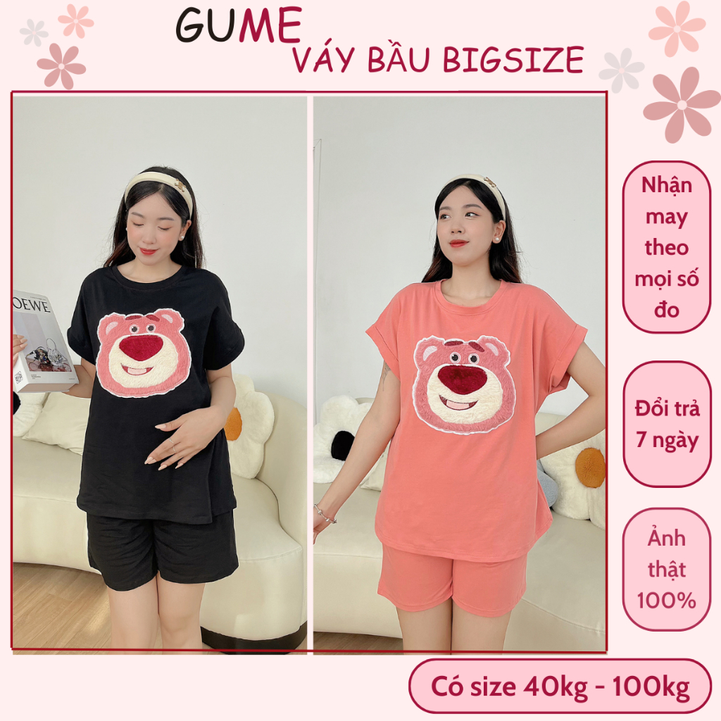 Bộ bầu và sau sinh GUME, chất cotton mềm đẹp, freesize < 75kg, họa tiết gấu dâu xinh xắn, 2 màu đen & hồng - TM073