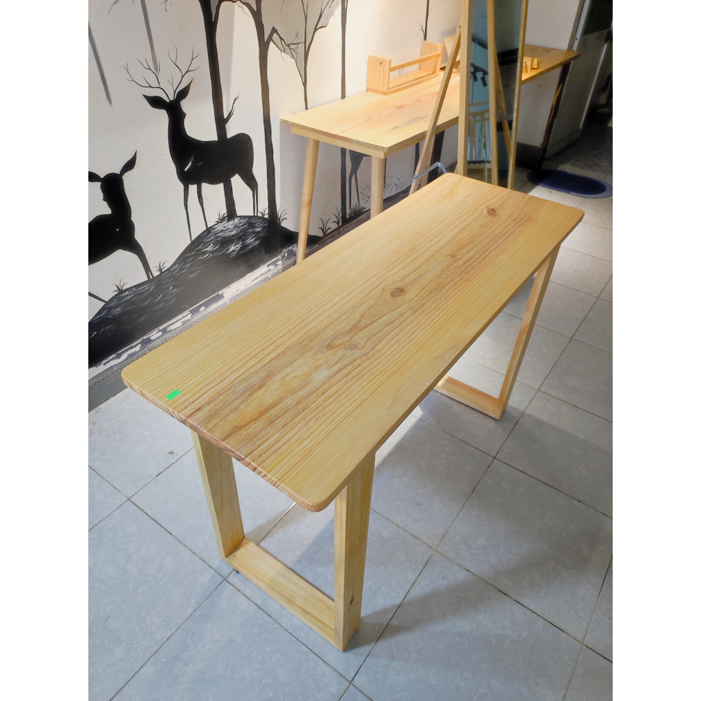 Bàn làm việc Thik Decor gỗ thông tự nhiên mặt lớn 43-45cm dày 2cm, chân chữ U.