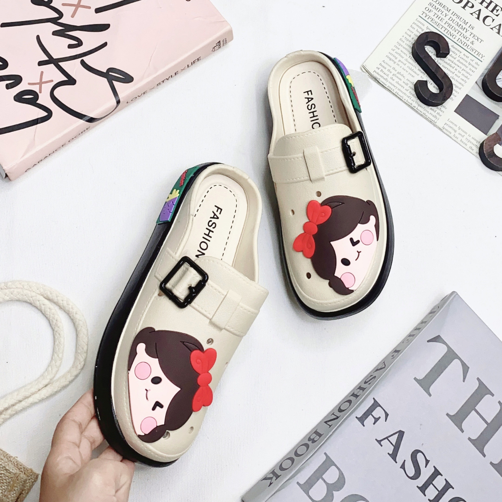 Jy381-C3  - Giày Lỗ nữ 2023 đế dày mùa hè phối màu phối nhiều sticker hoạt hình