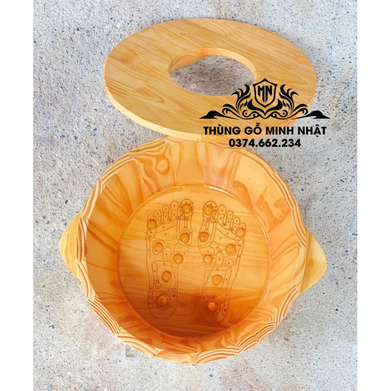 Chậu gỗ ngâm chân có hạt massage huyệt đạo hình bàn chân, bồn gỗ ngâm chân