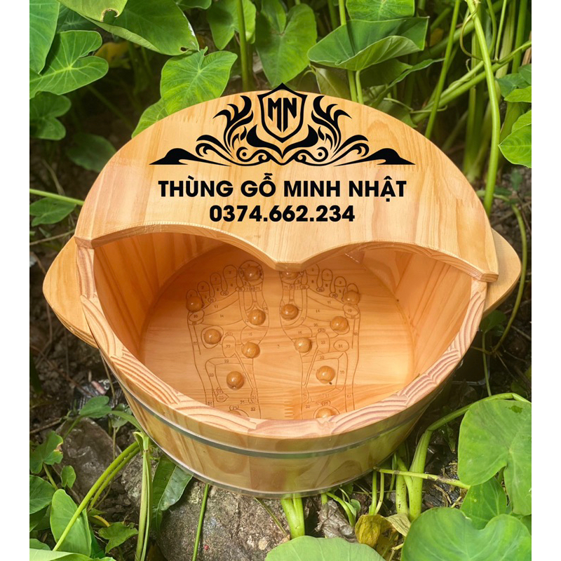 Chậu gỗ ngâm chân có hạt massage huyệt đạo hình bàn chân, bồn gỗ ngâm chân