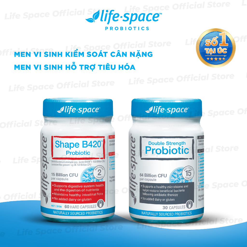 Combo Men vi sinh Life Space Shape B420 60 viên và Double Strength Probiotic 30 viên