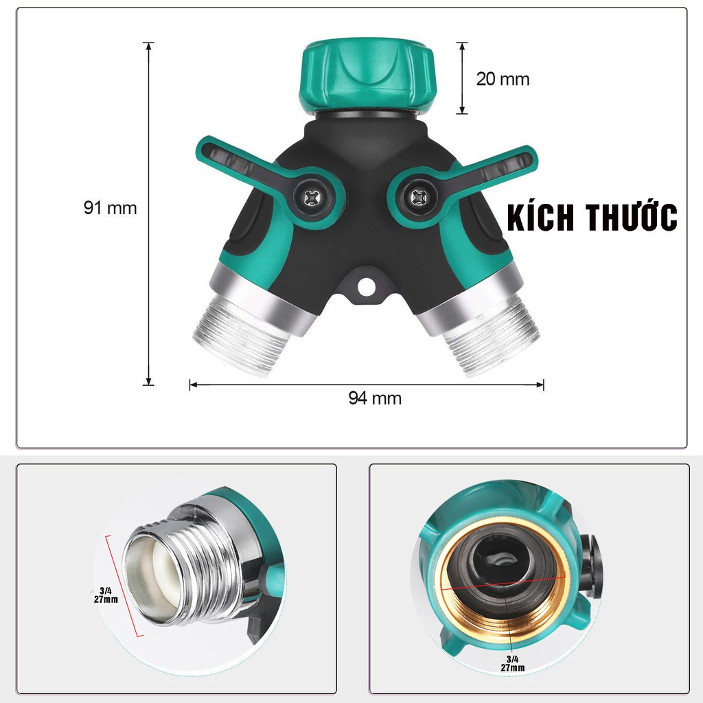 Đầu chia vòi nước, van chữ Y chia 2 đường nước có van khoá ren 27mm kim loại chất lượng cao