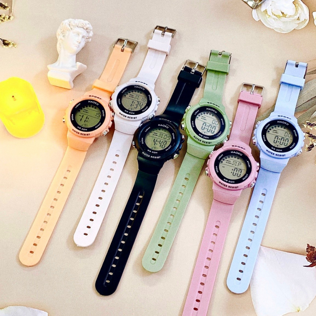 Đồng Hồ Điện Tử Haoku JAPAN WATCH Kiểu Dáng Unisex Mặt Tròn Chống Thấm Nước Nhiều Màu