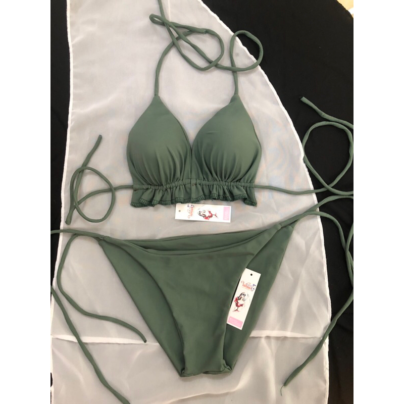 Bikni Đồ Bơi Nữ 2 Mảnh Hồng Áo bèo rút dây  video+ hình thật