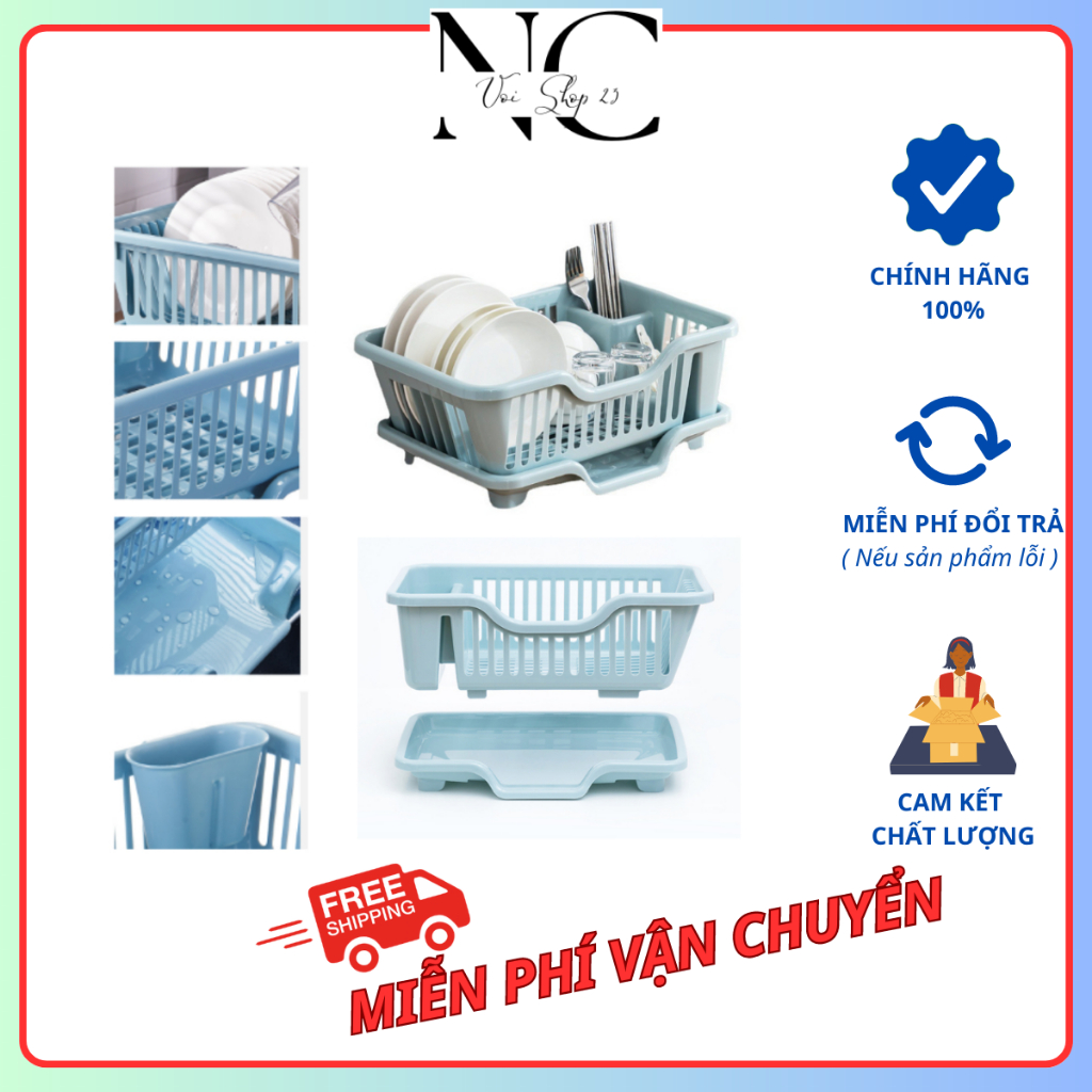 (055) Khay nhựa úp chén bát ráo nước Việt Nhật, Giá úp bát đĩa có ống đũa đa năng kèm khay hứng thoát nước