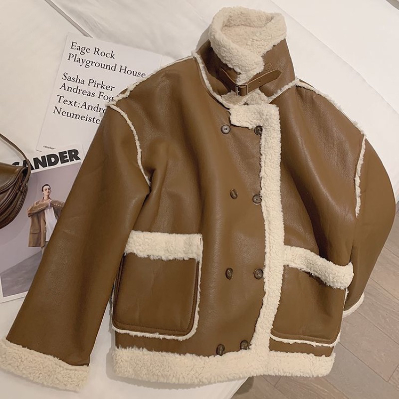 Áo khoác da phối viền lông YIMI lót lông siêu dày có khuy cổ