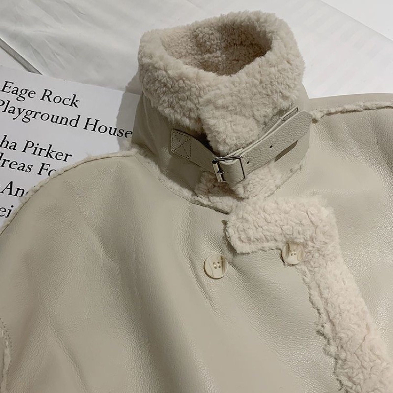 Áo khoác da phối viền lông YIMI lót lông siêu dày có khuy cổ