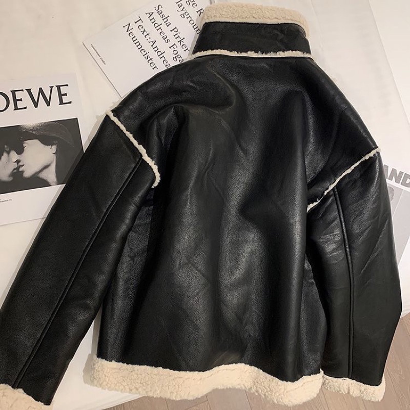 Áo khoác da phối viền lông YIMI lót lông siêu dày có khuy cổ