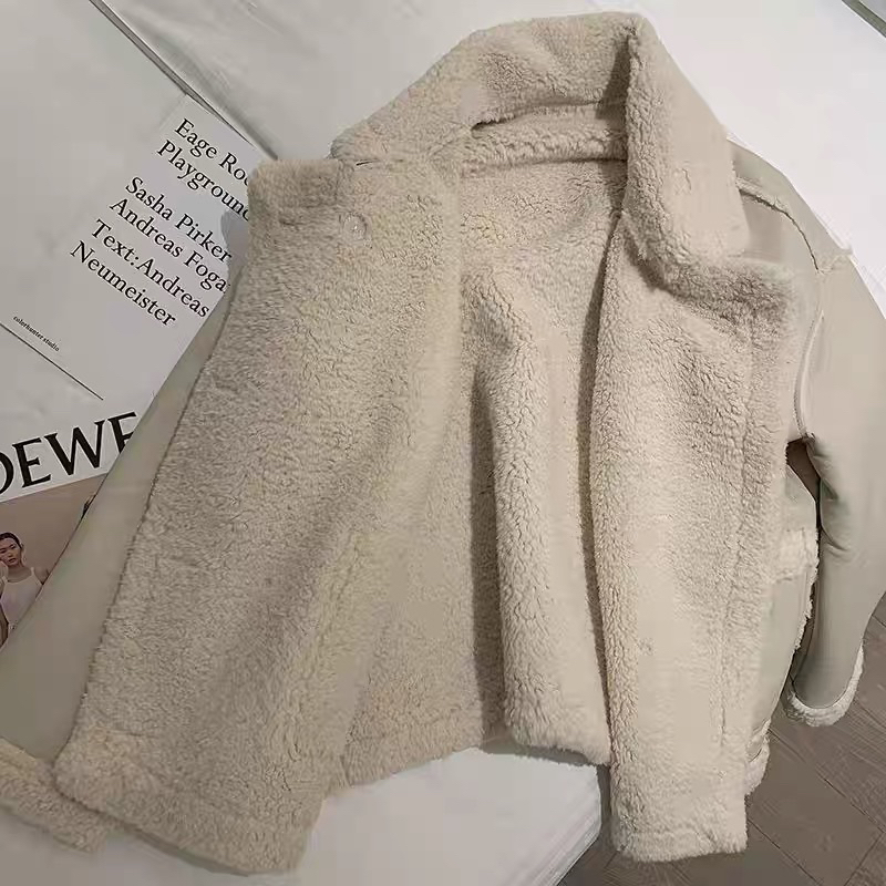 Áo khoác da phối viền lông YIMI lót lông siêu dày có khuy cổ