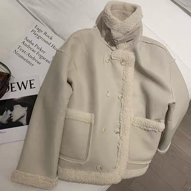 Áo khoác da phối viền lông YIMI lót lông siêu dày có khuy cổ