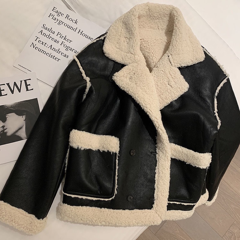Áo khoác da phối viền lông YIMI lót lông siêu dày có khuy cổ