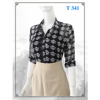 Áo somi nữ, tay dài, voan tơ nền đen đầu lâu trắng _ 341