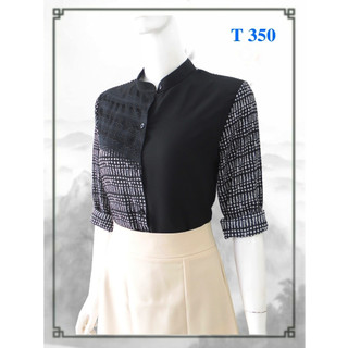 Áo somi nữ, cổ trụ tay dài, phối ren t 350