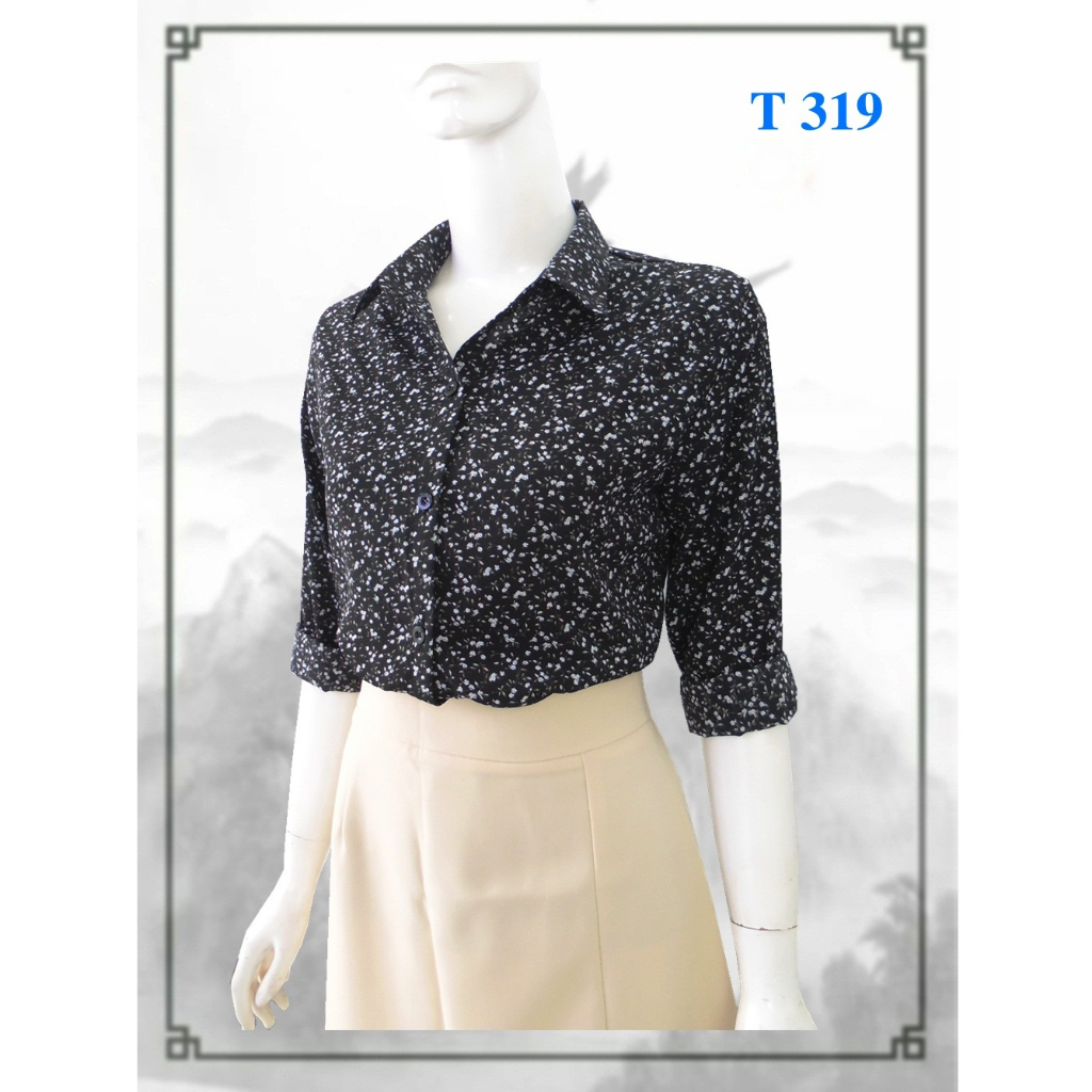 Áo somi nữ, tay dài, lụa Nhật nền đen hoa nhí trắng