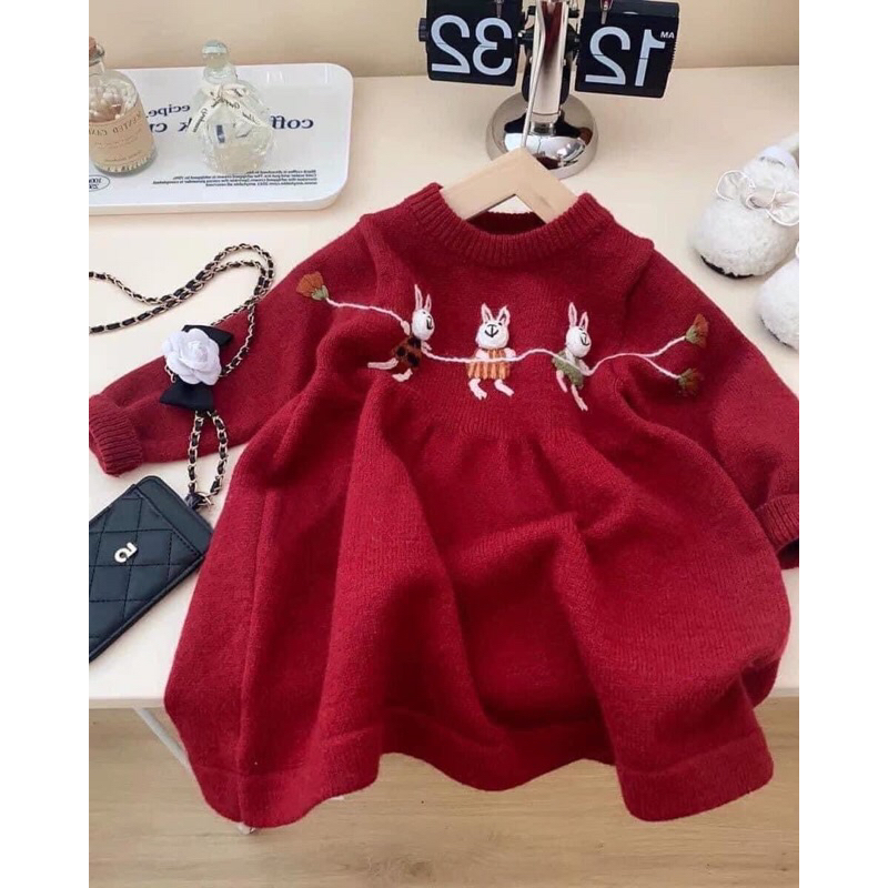 Váy len đỏ bé gái hàng QC❤Co Anh That❤Váy len bé gái size 8-25kg