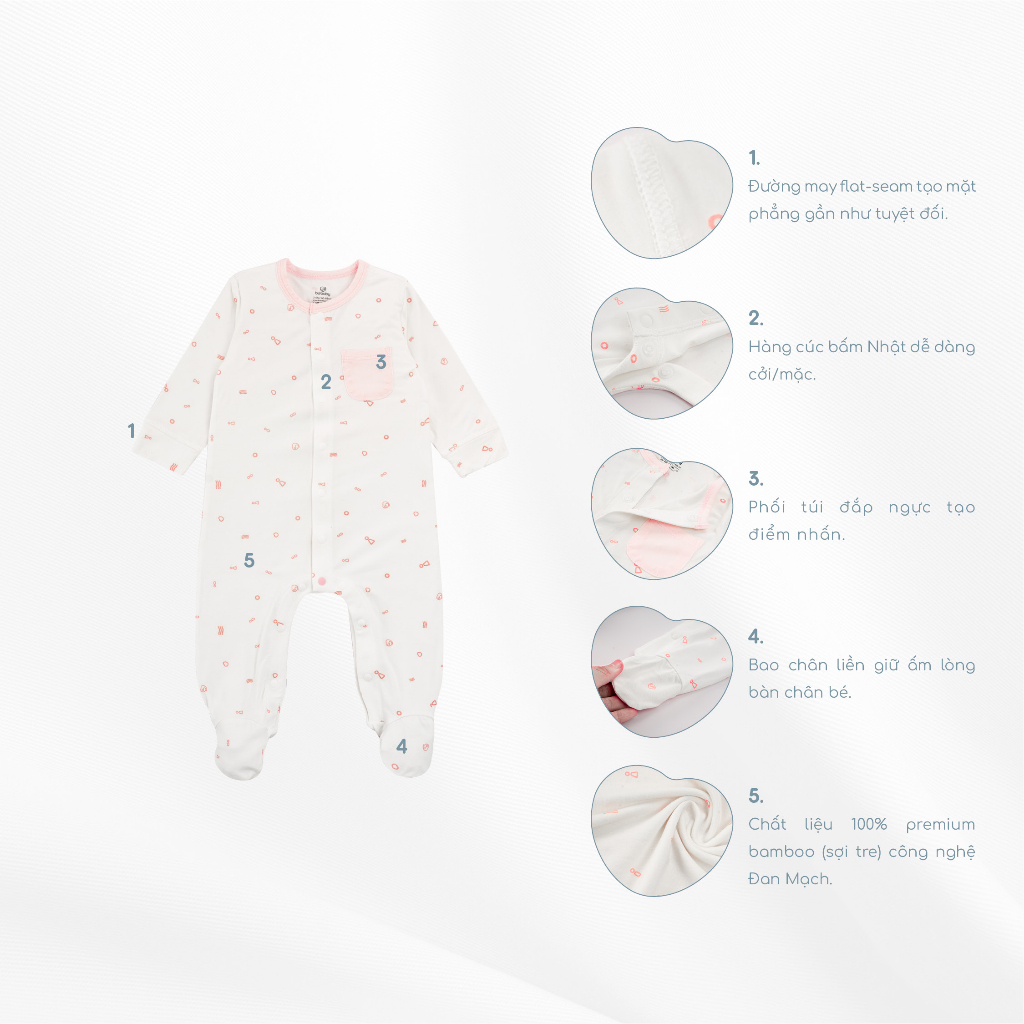 Body dài tay cài giữa liền bao chân Signature BU BAMBUS
