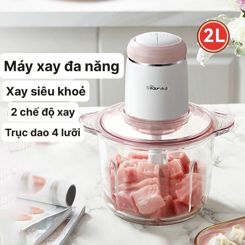Máy xay thịt đa năng Bear mã QSJ-B03K2 màu hồng 2L 300W trục dao 4 lưỡi bảo hành 18 tháng Hàng chính hãng