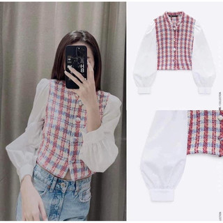 Áo sơ mi zara xuất phối dạ tweed đỏ tay áo phồng, cổ tròn