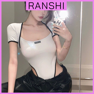 Áo Bodysuit Tay Ngắn RANSHI Cổ Tròn Sâu Tôn Vòng 1 Kèm Tag Vải Cá Tính Áo Liền Thân Phối Viền Sexy - RBS022