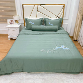 Bộ chăn ga gối phi lụa,ga phủ trần bông,chăn hè thu chần thêu tinh tế có khoá kéo lồng được ruột,đủ size