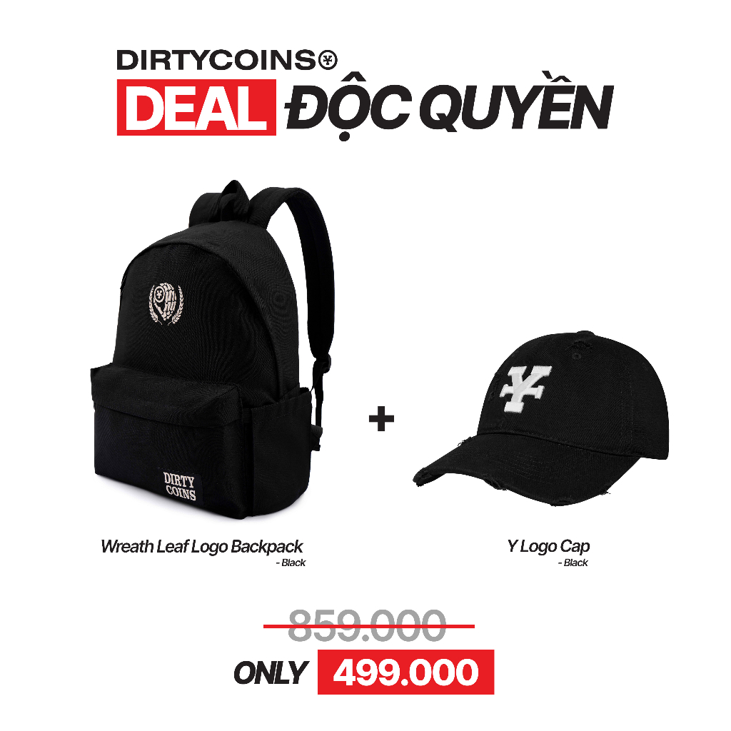 [Deal Độc Quyền] DirtyCoins Combo Wreath Leaf Logo Backpack + Y Logo Cap - Black