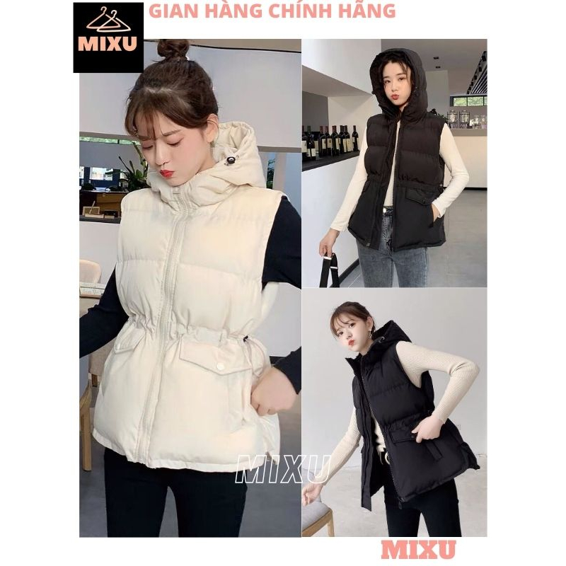 Áo phao gile nữ dáng lửng rút dây eo có mũ trùm đầu, Áo khoác ngoài mùa đông sát nách 2 màu cực xinh - MIXU
