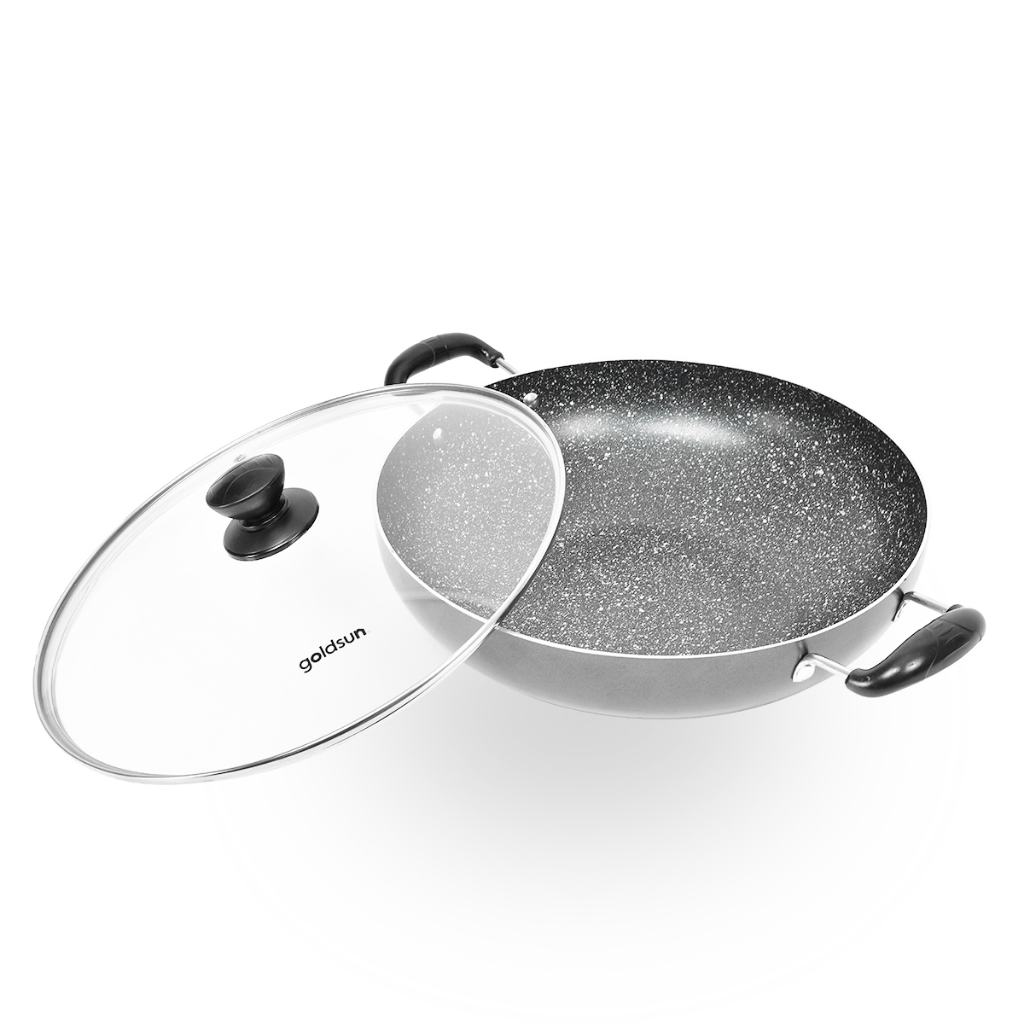 Chảo Xào Lớn 32cm, Chảo Chống Dính Size Đại 2 Quai, Sâu Lòng GoldsunGPA1003-32, GPA1001-32 Có Nắp Vung Kính Cao Cấp