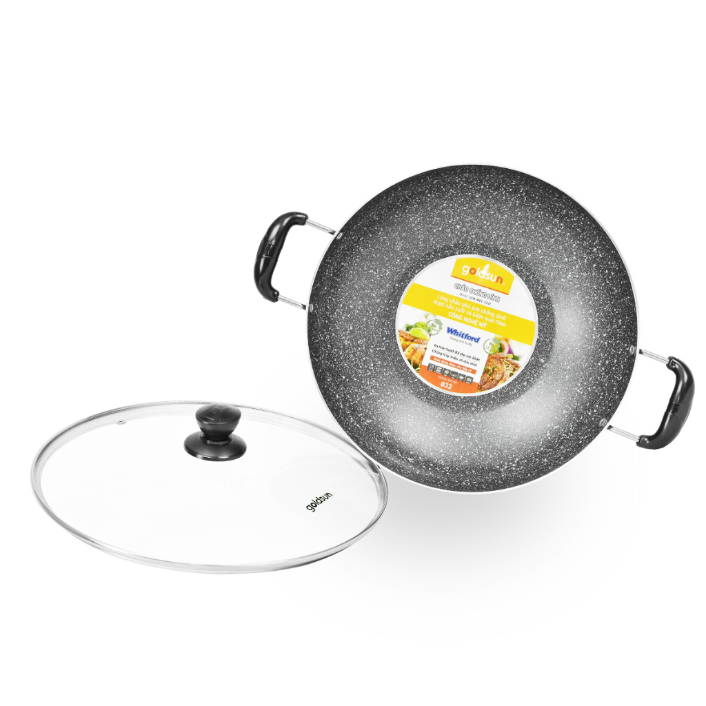 Chảo Xào Lớn 32cm, Chảo Chống Dính Size Đại 2 Quai, Sâu Lòng GoldsunGPA1003-32, GPA1001-32 Có Nắp Vung Kính Cao Cấp