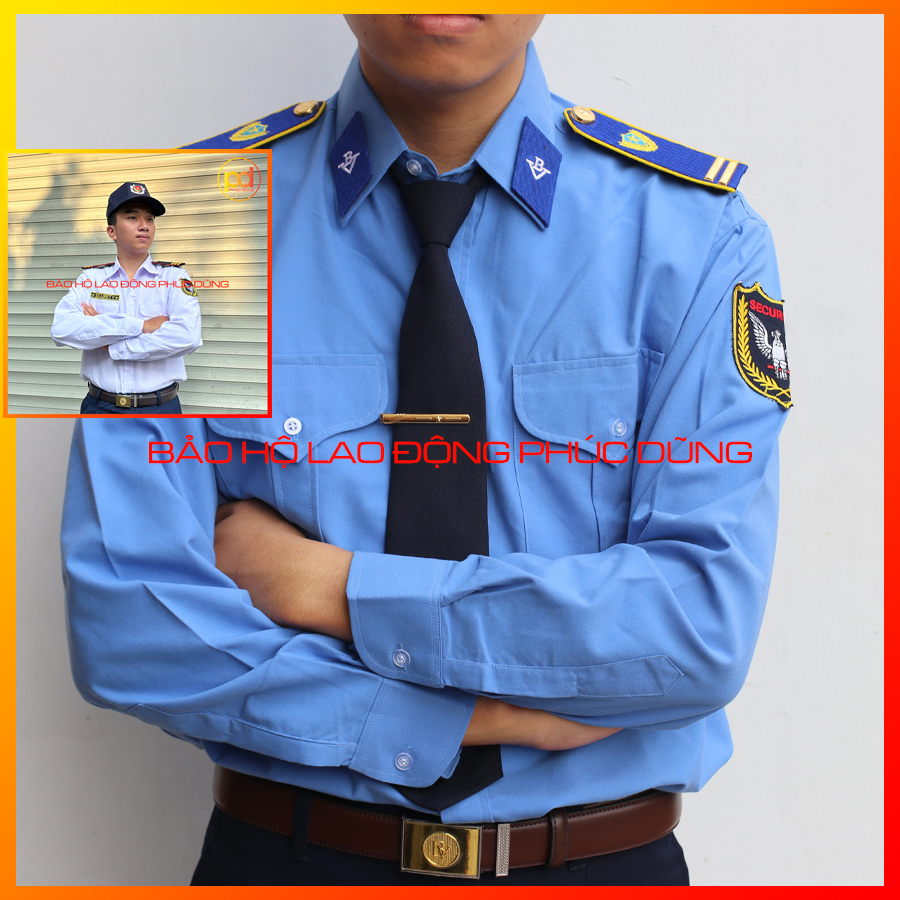 Áo đồng phục bảo vệ dài tay màu xanh và màu trắng chuyên nghiệp đẹp- Không phụ kiện - loại kate tốt thấm hút mồ hôi